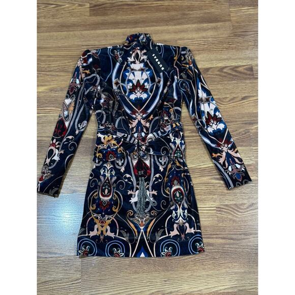DUNDAS VELVET & LACE PAISLEY PRINT LONG SLEEVE MINI DRESS W FRONT BELT DETAIL 36 - Picture 7 of 13